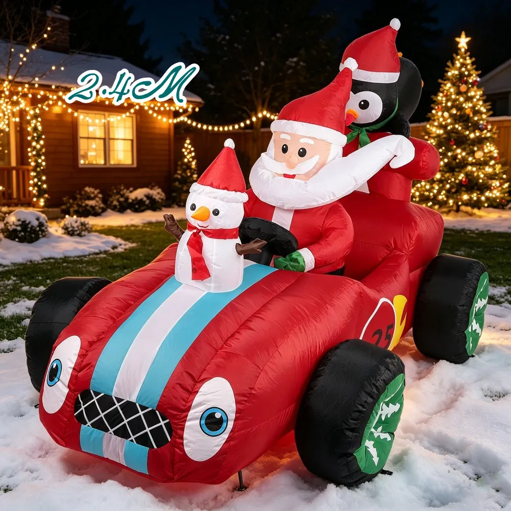 2.4M Inflatable Santa Claus Drives Snowmen And Penguin Race Cars With Built-in LED Lights Indoor Outdoor Lawn Garden Decoration