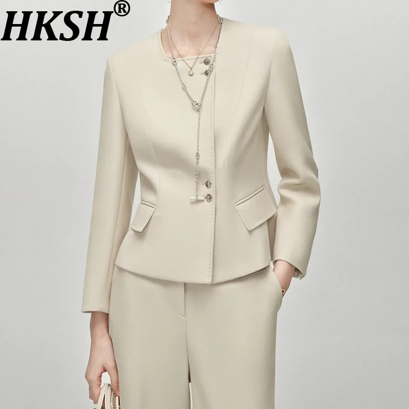 

HKSH весенне-осенний новый женский пиджак, однобортный элегантный утягивающий пальто, однотонный драпированный офисный женский костюм, брюки HK12904