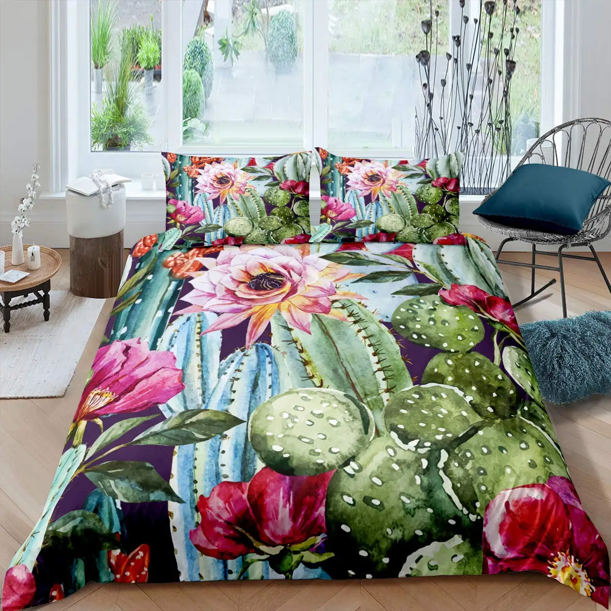 

Cactus Duvet Cover Set King Size Hand Painted Style Bedding Set Nature Art Prints Comforter Cover Green Plant Cactus Quilt Cover