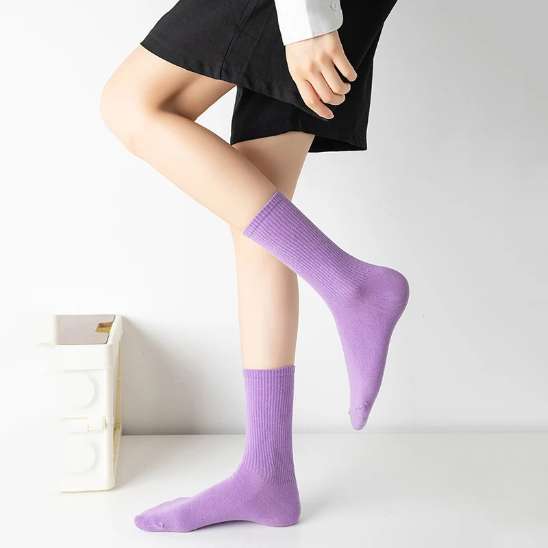 EUR35-45 New Women\'s Thick Candy Color Cotton Sock Stockings Four Seasons Women\'s Socks Middle Tube Socks Comfortable Home Sock