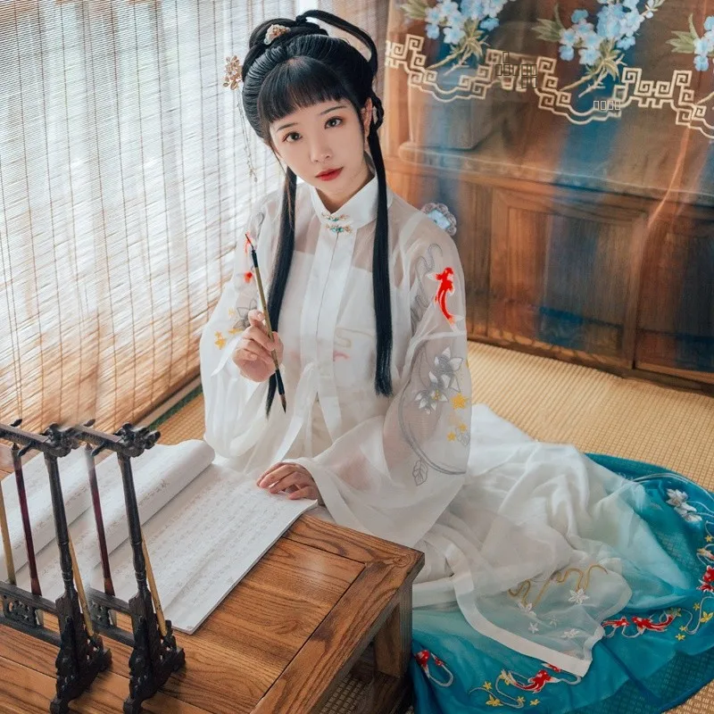 

Женский комплект Hanfu Ele Lady's: рубашка с вышивкой и градиентным принтом, воротник-стойка, брюки. Универсальный и комфортный вариант для повседневной носки.