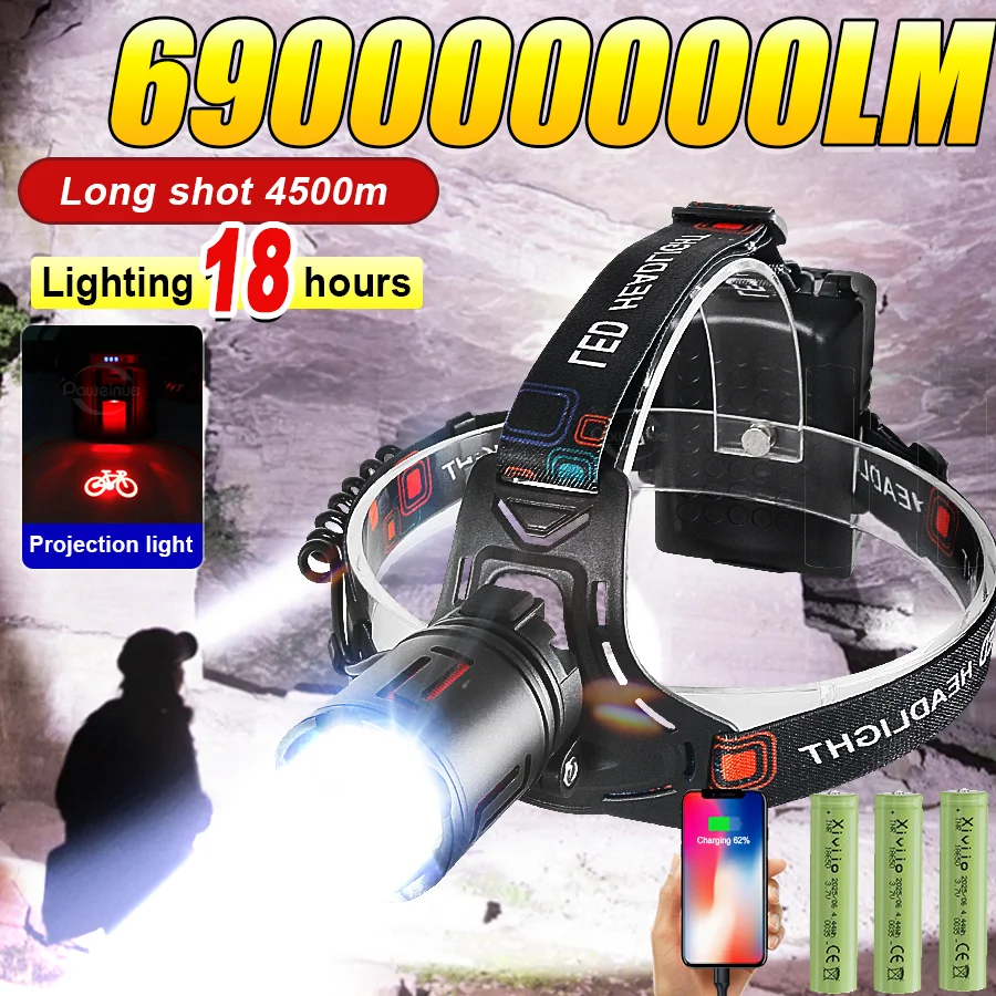 690000000LM Ultra Powerful Headlamp 3*18650 USB Rechargeable LED Headlamp Super Bright 4000M Head Flashlight Fishing Hunting