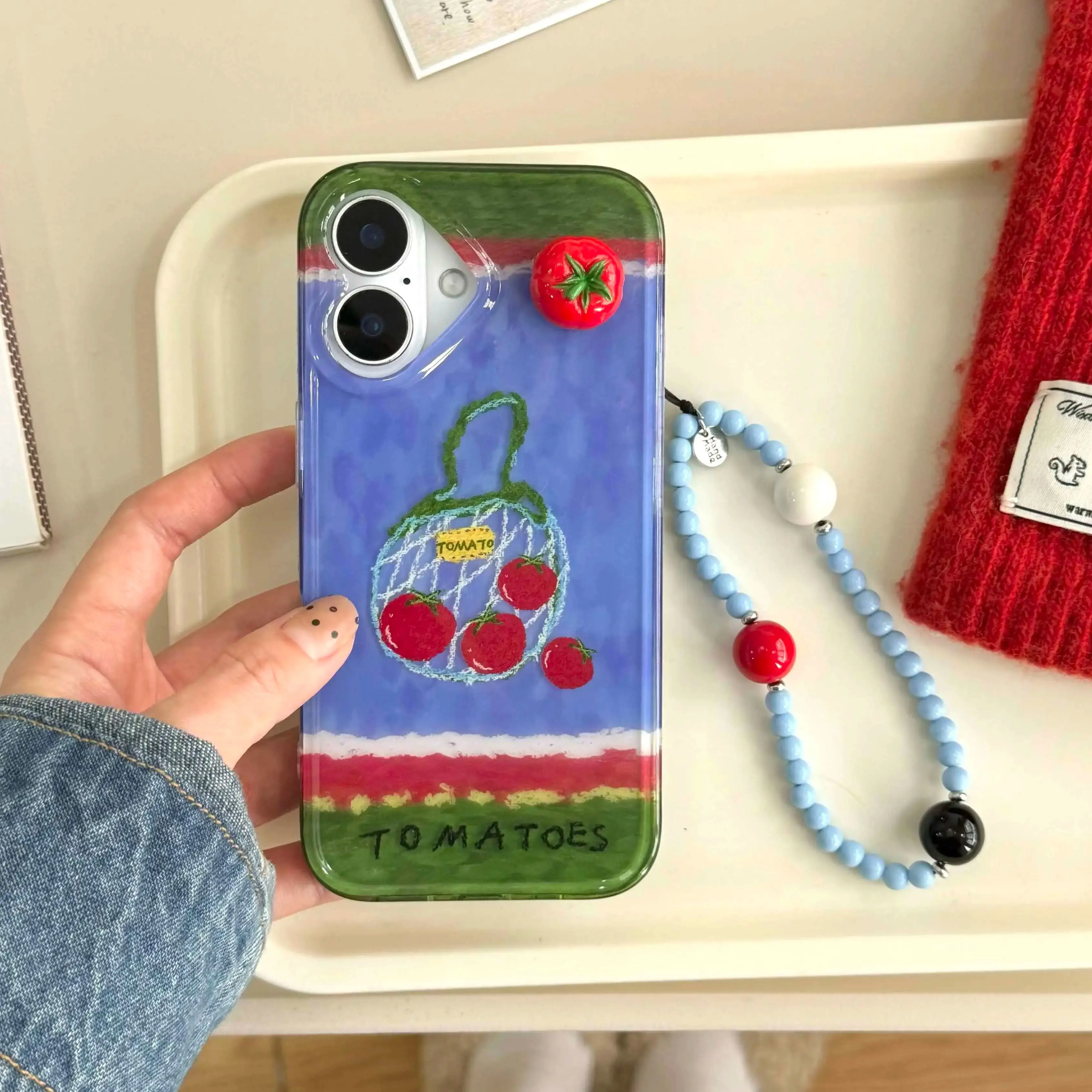 Painting Tomato 3D Vintage Shell For Iphone 15ProMax 14Pro 15 13 16 12 Pro Max 16Pro 14 13Pro 12Pro Chain Blue Green Phone Case