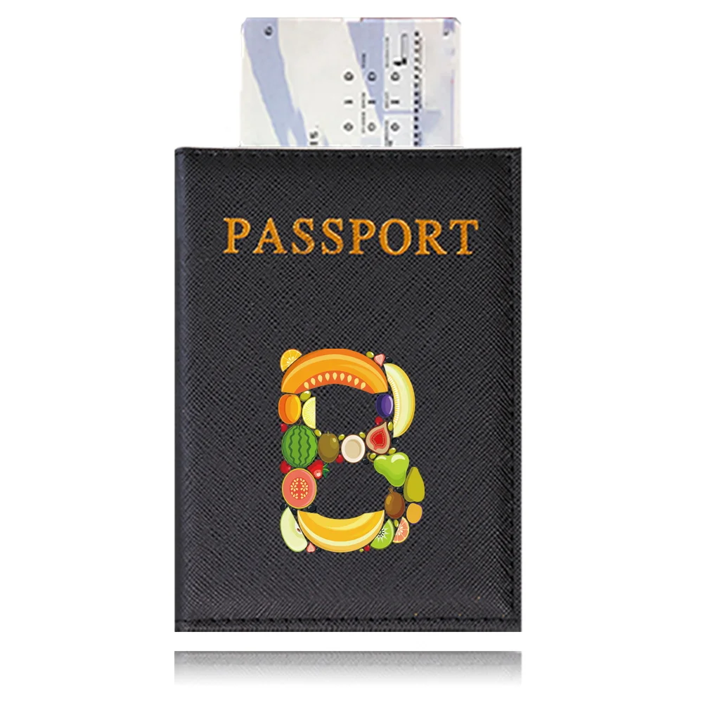 Funda de cuero PU para pasaporte, tarjetero de Color negro, billetera ligera, accesorios de viaje para serie de patrones de frutas de vuelo