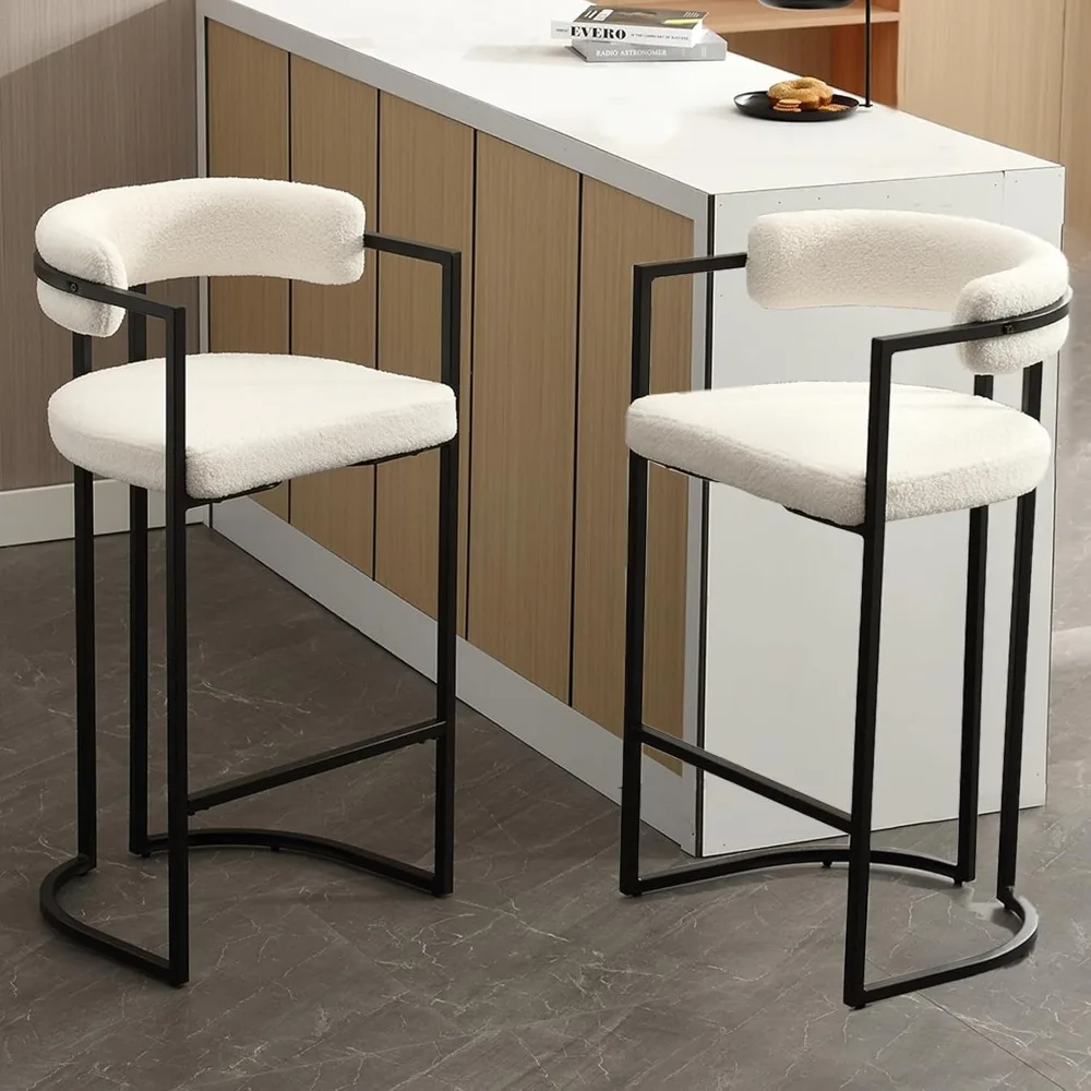 

30Inch Sherpa Bar Stools Set of 2, Modern White Barrel Bar Stools with Comfy Back, Upholstered High Dining Chairs with Black Leg