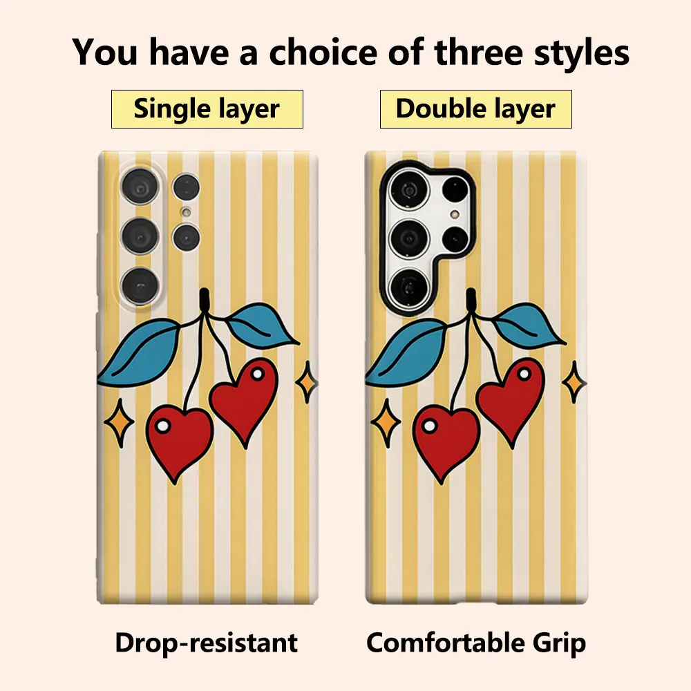 Heart Cherry Stripe Luxury Fashion Full Lens Protective Case for Samsung Galaxy S26 S25 S24 A56 A36 Plus Ultra