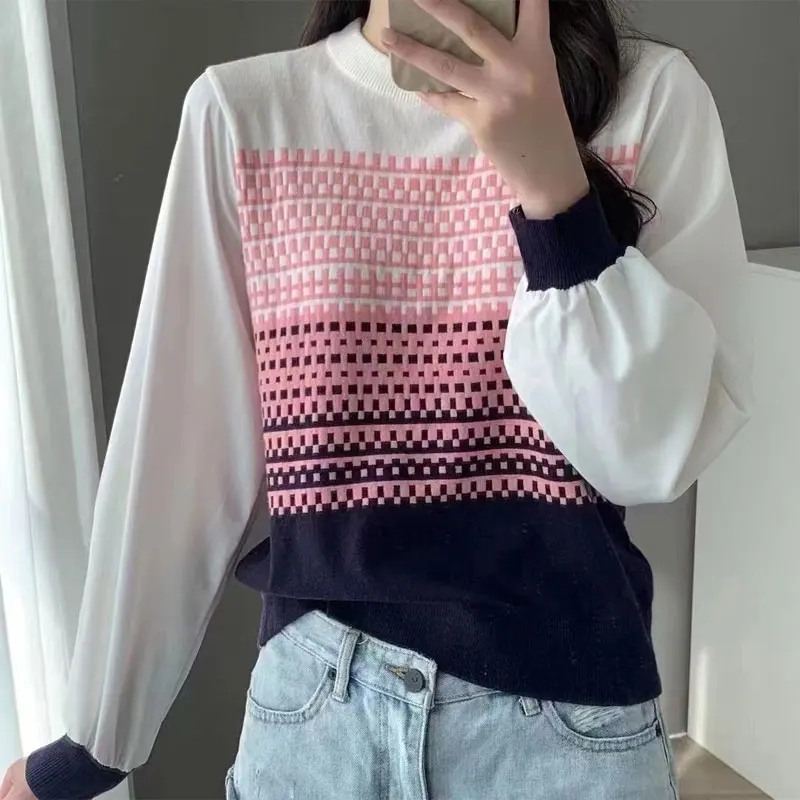 Fashion Plaid Gradient Knitted Shirt Women's Clothing Long Sleeve Commute Spring Autumn Casual Spliced Round Neck Loose Blouse