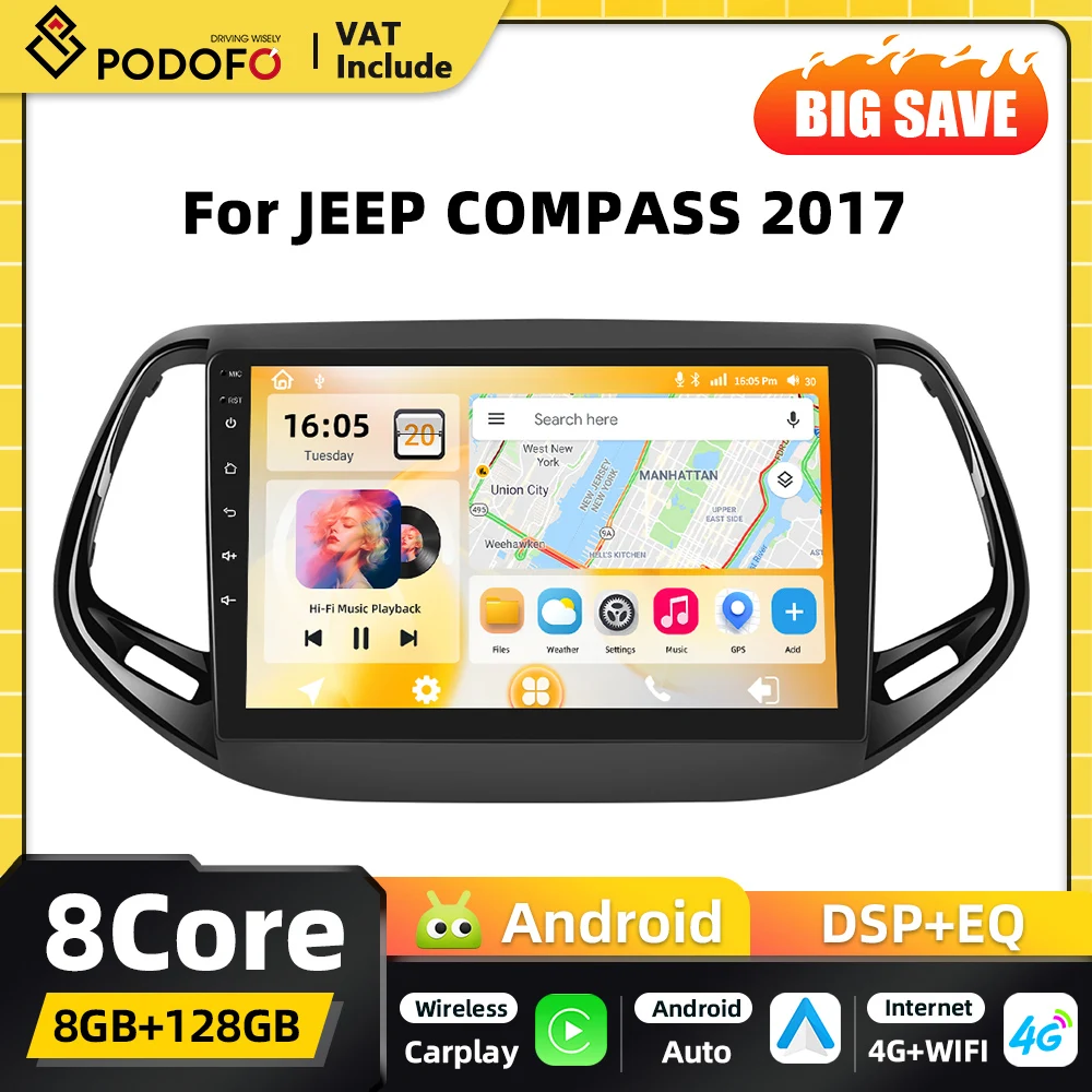 Autoradio Android Podofo 8+128G con AI Voice Snapdragon e Carplay per JEEP COMPASS 2017, Navigazione GPS, BT, WIFI, FM, RDS, EQ, Audio 2DIN