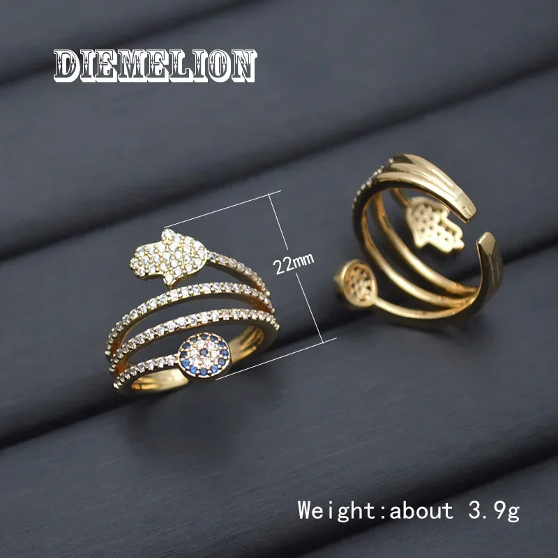 Luxury Gold Color Evil Eye Blue Eye Hamsa Hand Fatima Hand Adjustable Female Rings Open Size Three Layer CZ Ring Wedding Jewelry
