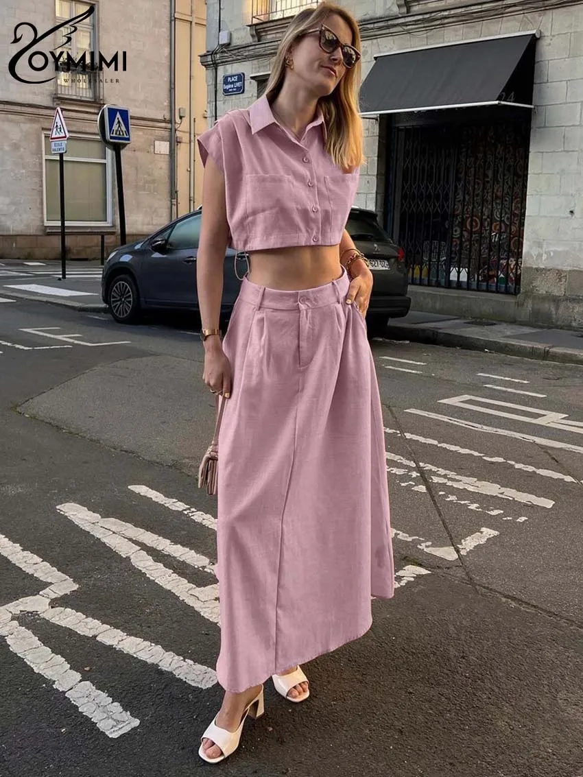 Oymimi Casual Pink Cotton Hemp Sets Womens 2 Piece Fashion Sleeveless Pockets Crop Shirts And Simple Ankle-Length Skirts Sets