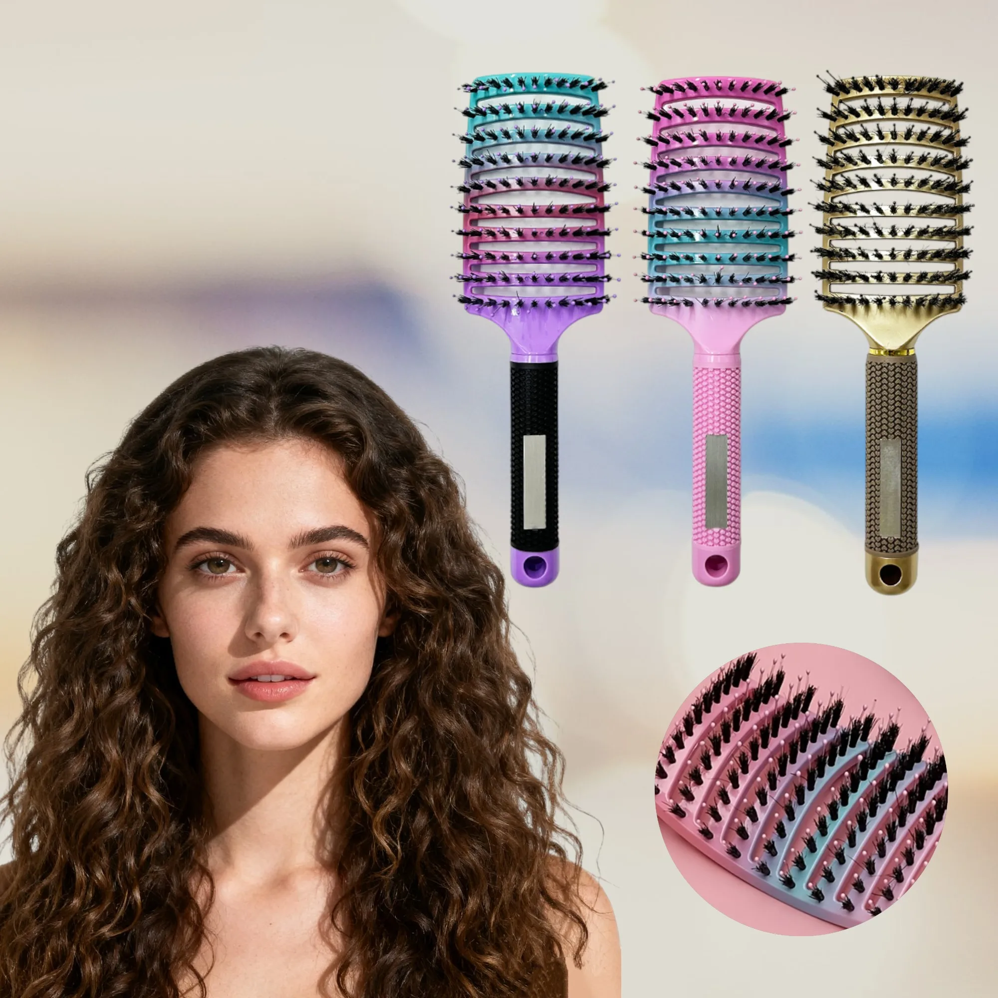 Portable bristle comb (rib design) - large curved arc creates fluffy feeling, combines hair detangling, styling and scalp massag