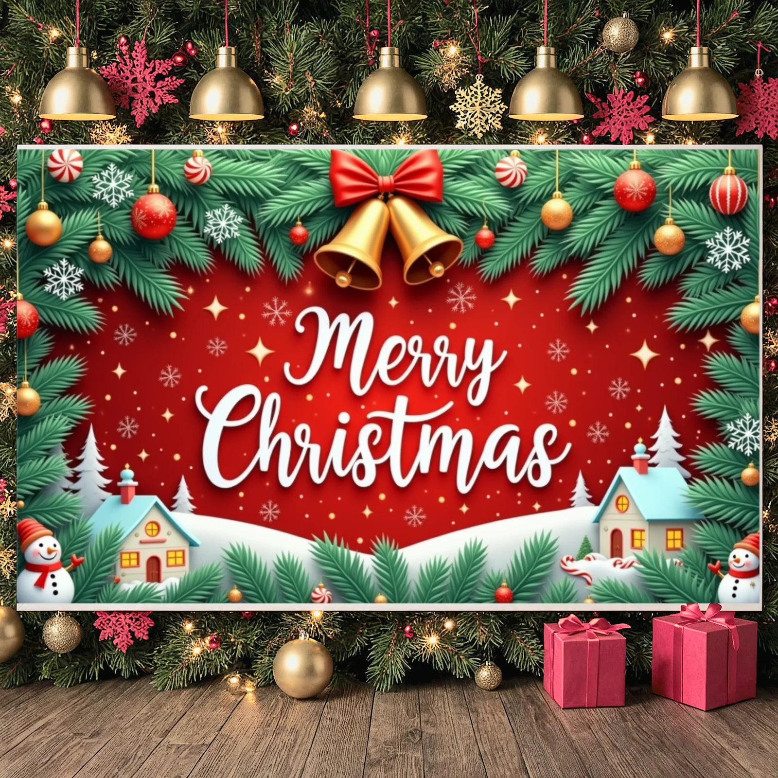 Merry Christmas Banner Small Houses Christmas Display Holiday Event Background Gold Bells Festive Display For Festive Gathering