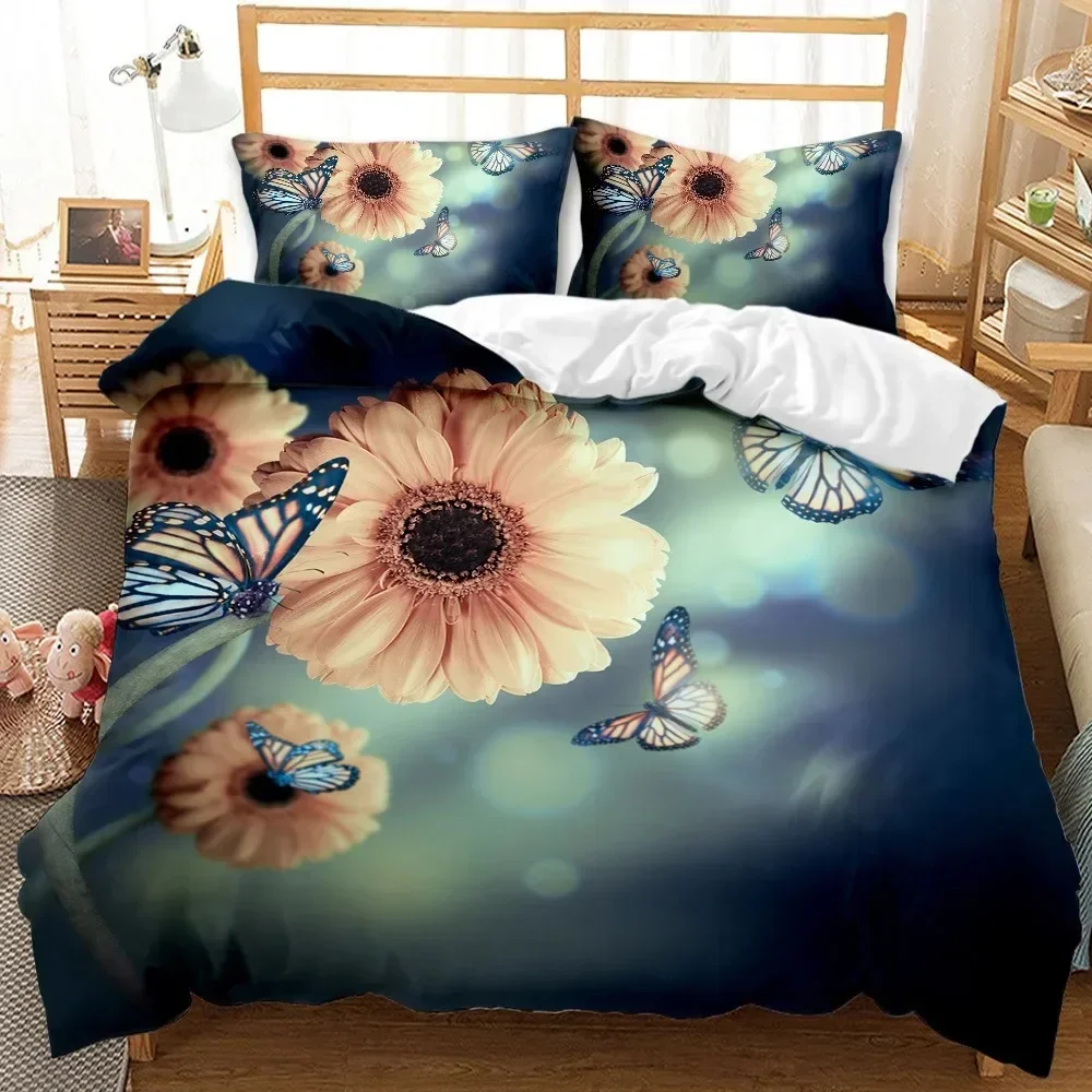 Butterfly Duvet Cover Set Oil Painting Yellow Blue Colour Animals Comforter Cover King Queen for Kid Girl Polyester Bedding Set