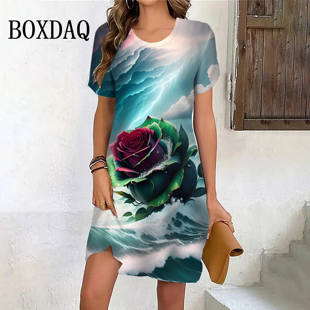 2024 Summer Beach Mini Dress Women New Flower Print Short Sleeve Dress Casual Holiday Loose Plus Size Female Clothing Sundress