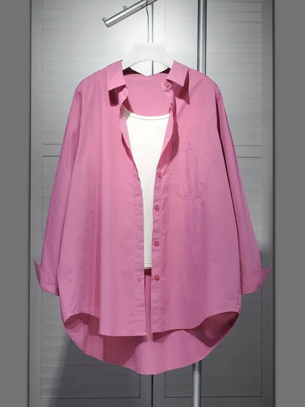 

plus Size 300 Pounds Women's Fashionable Pink Long Sleeve Shirt Collared Mid-Length Sun Protection Outerwear Summer 2