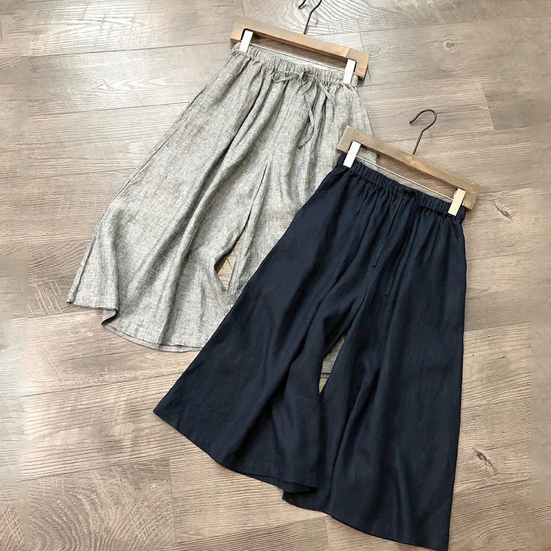 Linen Wide-leg Pants Women Summer Cropped Pants Culottes Simple High Quality All-match Loose Fit Commuting Trousers Grey Capris