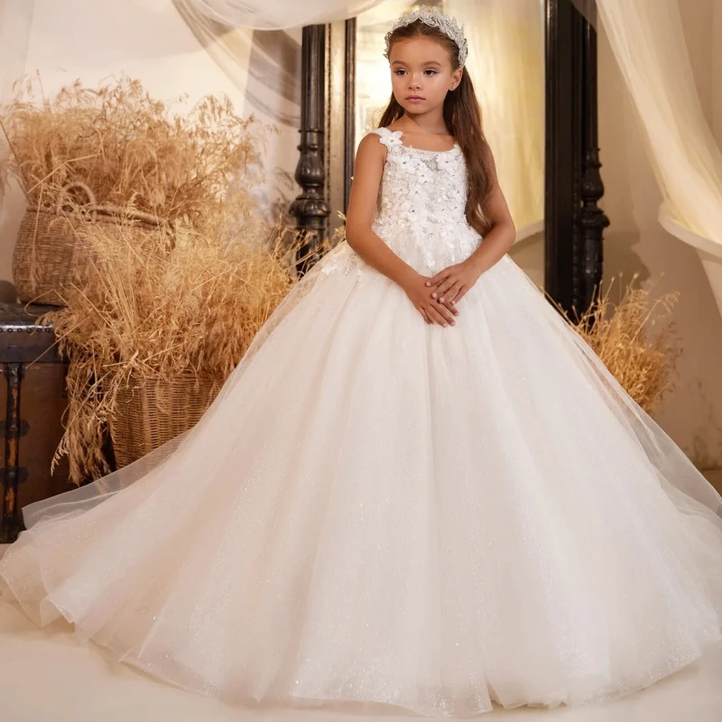 

White Flower Girl Dresses Tulle Flowers Appliques With Trailing Sleeveless For Wedding Birthday Party Banquet Princess Gowns