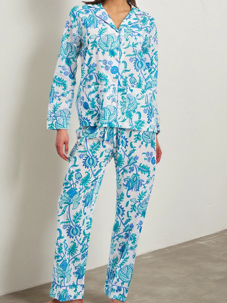 

Hiloc Exotic Plants Print Woman Knitted Pajama Set Elastic Lapel Long Sleeve Pockets Home Top Autumn Casual Trousers Sleepwear