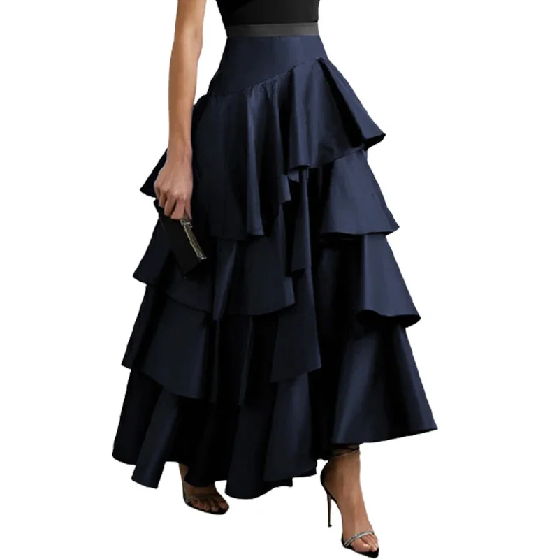 Yeezzi Female Falbala High Waisted A-Line Skirts 2024 New Spring Summer Solid Color Fashion Elegant Party Evening Long Skirt