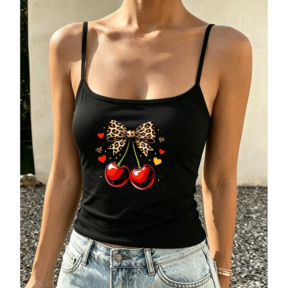 Sweet Heart Cherry Bow Graphic Printed Sleeveless Vest Women Casual Summer Camisole Top Harajuku Holiday Tank Top
