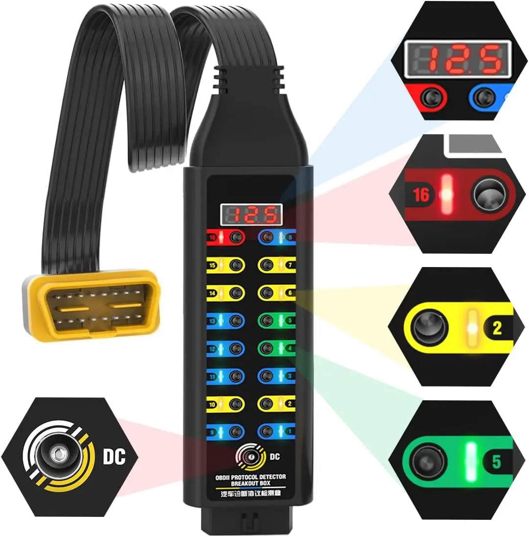

OBD2 Breakout Box with LCD & LED, 16-Pin CAN Diagnostic Tool for ECU, Compatible with Scanner/Multimeter/Oscilloscope