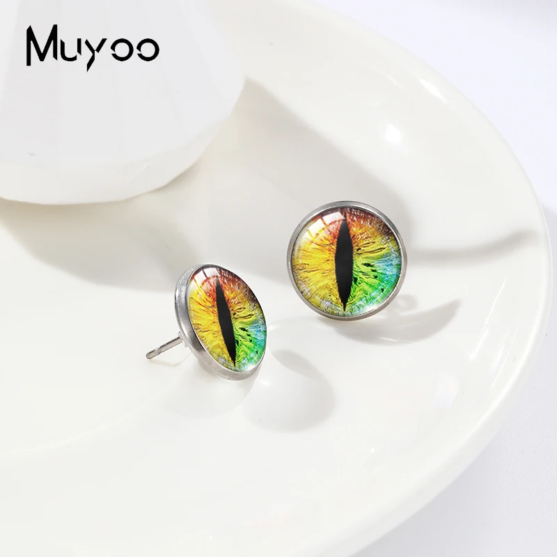 2023 New Arrival Fashion Colorful Dragon Cat Eyes Glass Round Dome Stud Earrings Jewelry Handmade Earrings