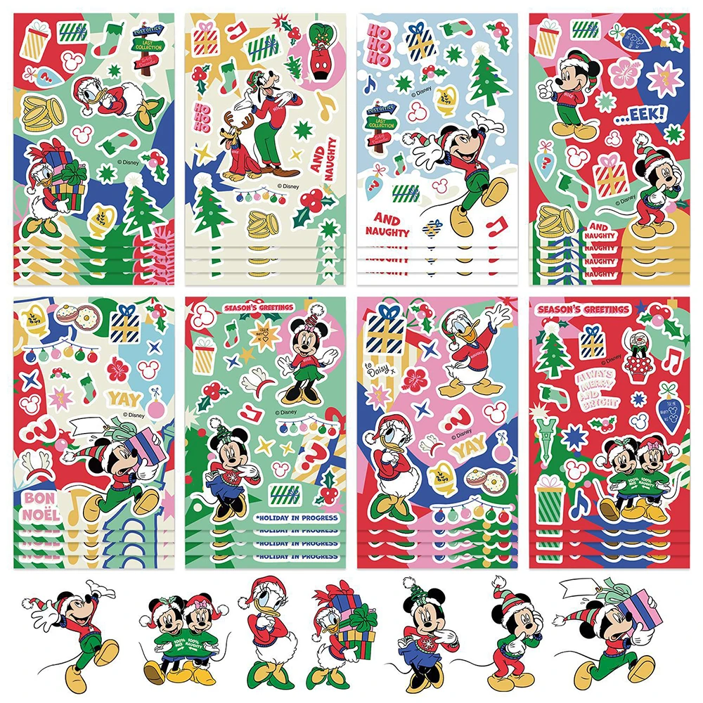 8/16sheets Disney Cartoon Christmas Mickey Mouse Stickers Cute Anime Graffiti Decals DIY Laptop Water Bottle Phone Sticker Decor