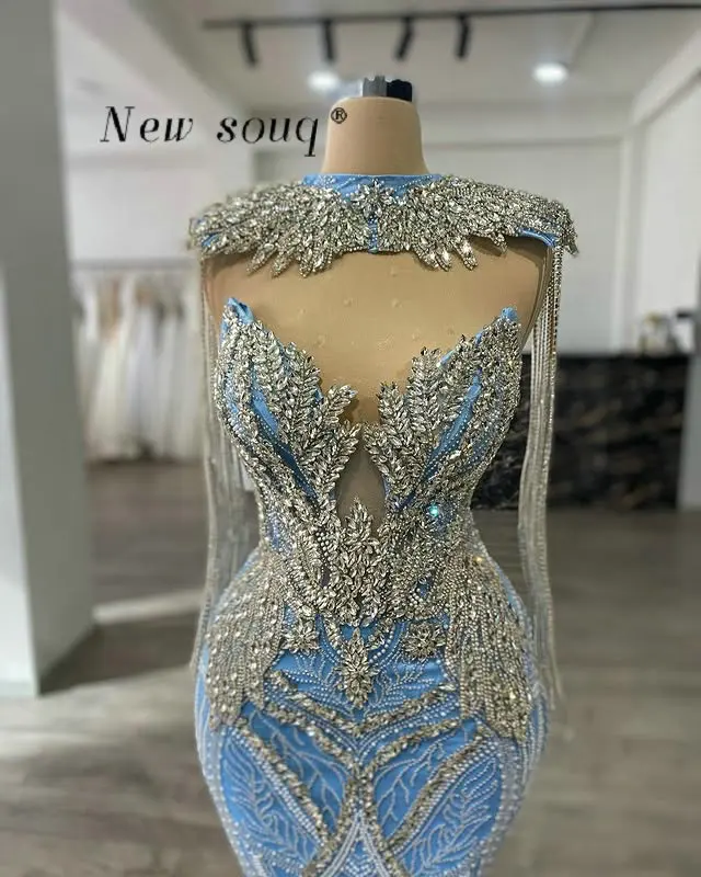 Blue Two-Piece Set Mermaid Prom Dresses with Crystals Tassel Customized Dubai Beaded Formal Wedding Second Reception Party Gowns