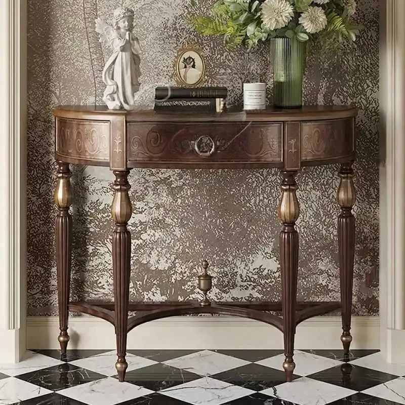 Retro semi-round entrance table, several cabinets, corridor entrance table, modern simple solid wood foyer table