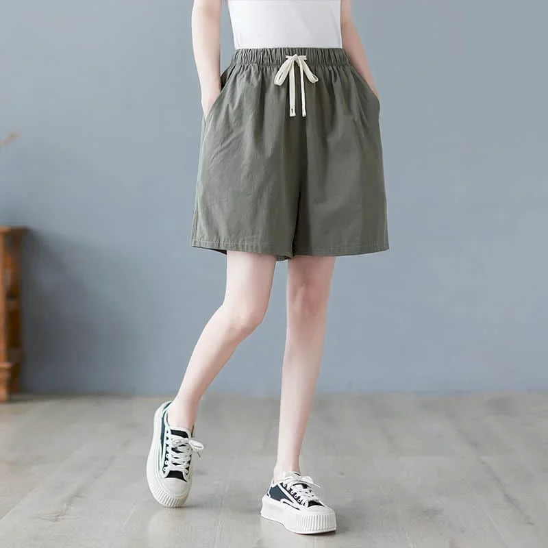 Pantaloncini di lino in cotone per donna Pantaloni casual in vita elastica con coulisse estiva Pantaloni larghi stile coreano vintage da donna