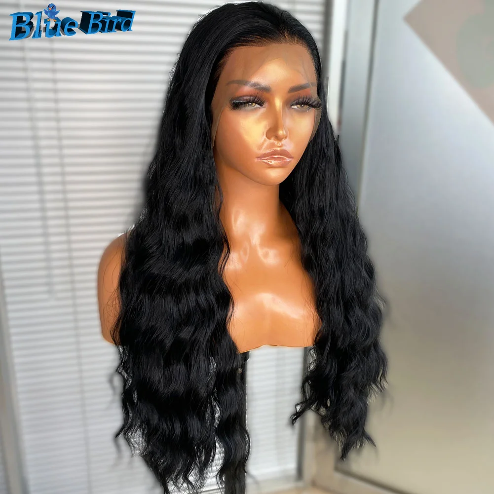 BlueBird Glueless Futura Synthetic Lace Front Wigs For Black Women 13X4 Pre Plucked Long Black Water Wave Wig Natural Hairline