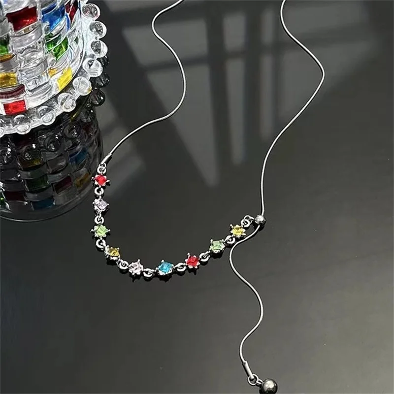 Fashion Rainbow Gravel Necklace Light Luxury Niche Personality Adjustable High-end Sweet Clavicle Chain