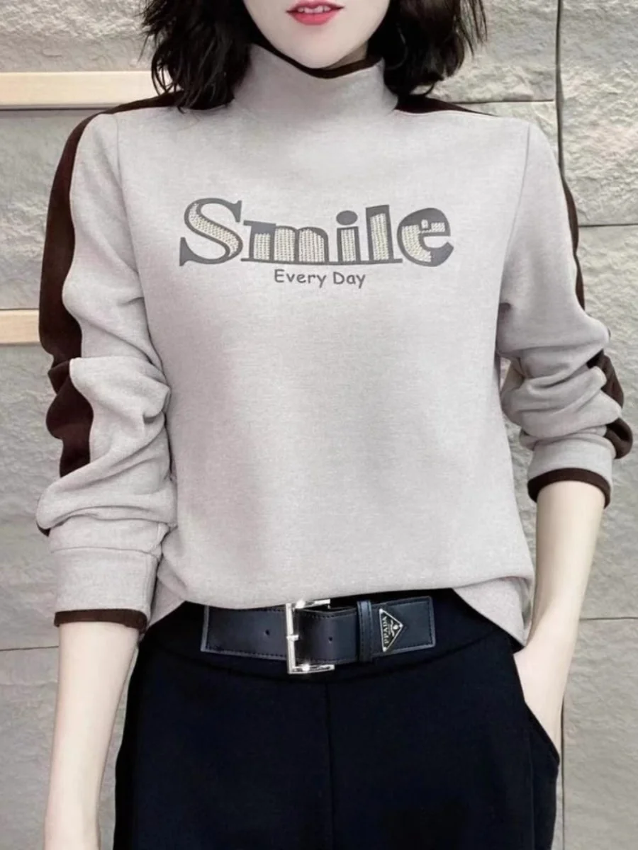 

Double-Sided Thickened Long Sleeve Thermal T-Shirt Women's Fashionable Versatile Half-High Collar Base Shirt Autumn Winter
