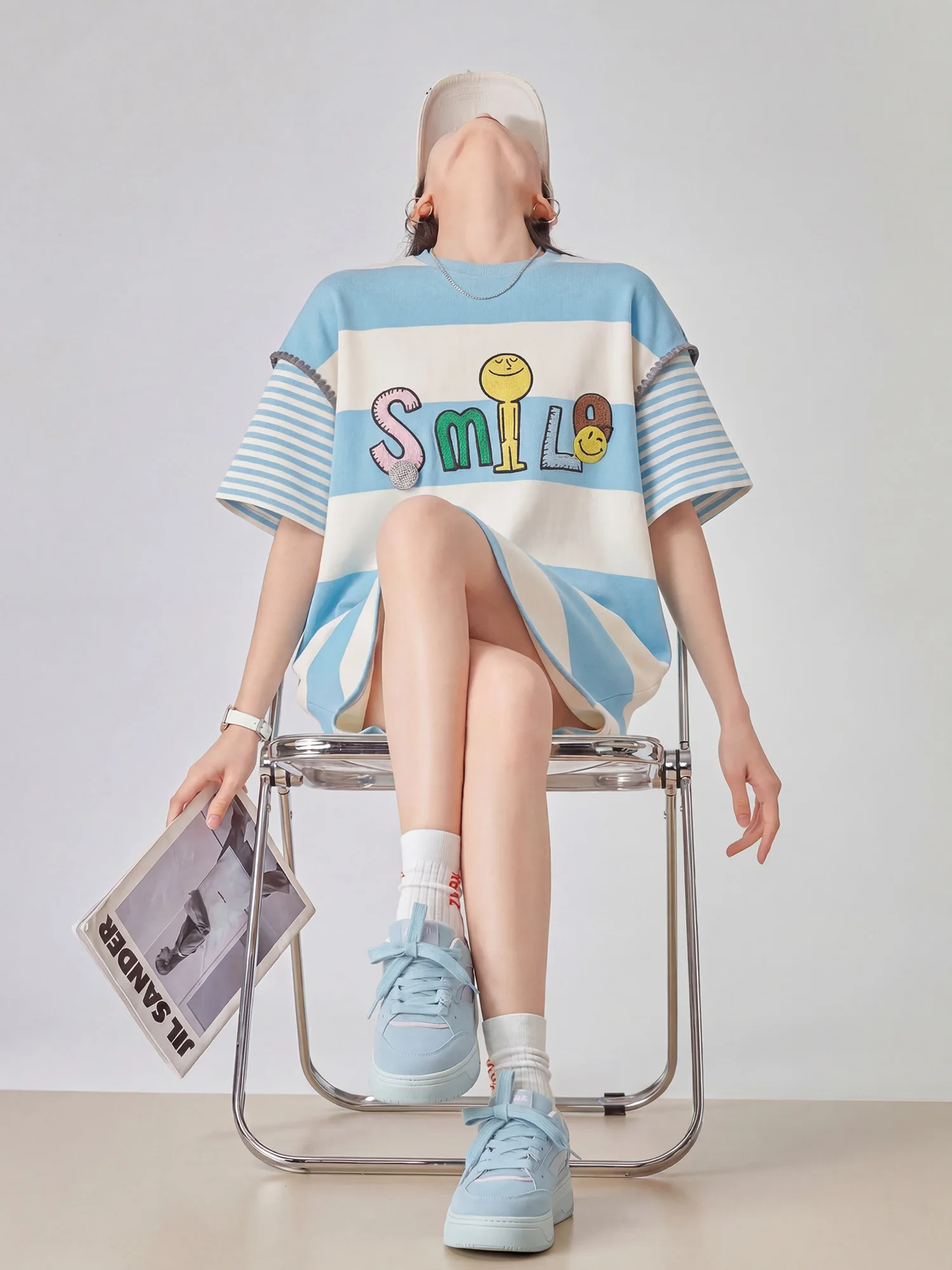 

Casual Blue Striped Short Sleeve Dress round Neck T-Shirt Dress Summer New Style Loose Fit City Commute Natural Waist Polyest...