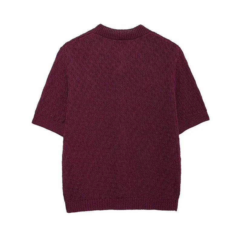 Women Fashion WineRed Single Breasted Knitted Sweater Vintage V-Neck Short Sleeve Female Chic Lady Outfits