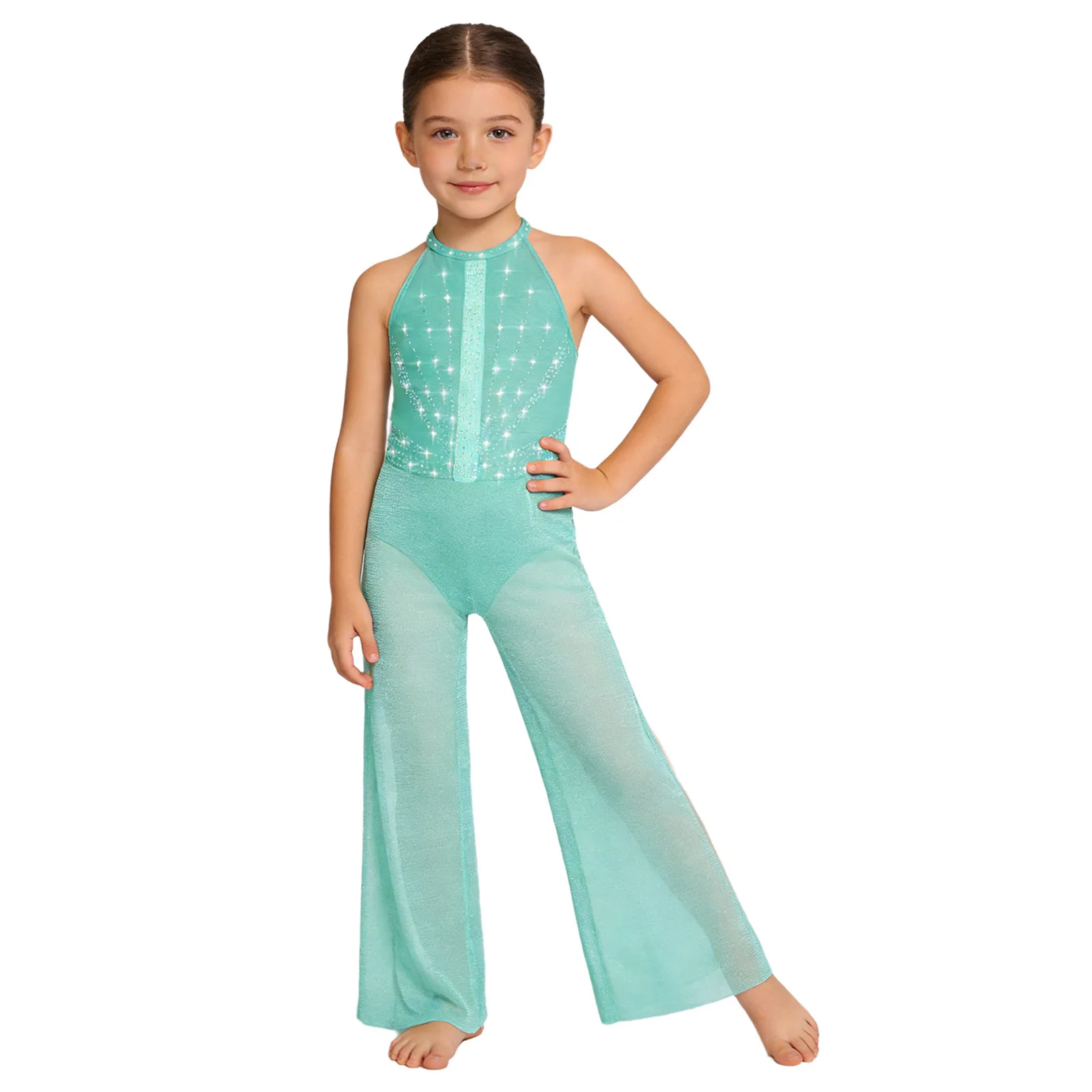 Children Girls Modern Lyrical Dance Jumpsuit Shiny Mesh Wide-Leg Bodysuit Ballet Gymnastics Skating Acrobatics Jazz Costume