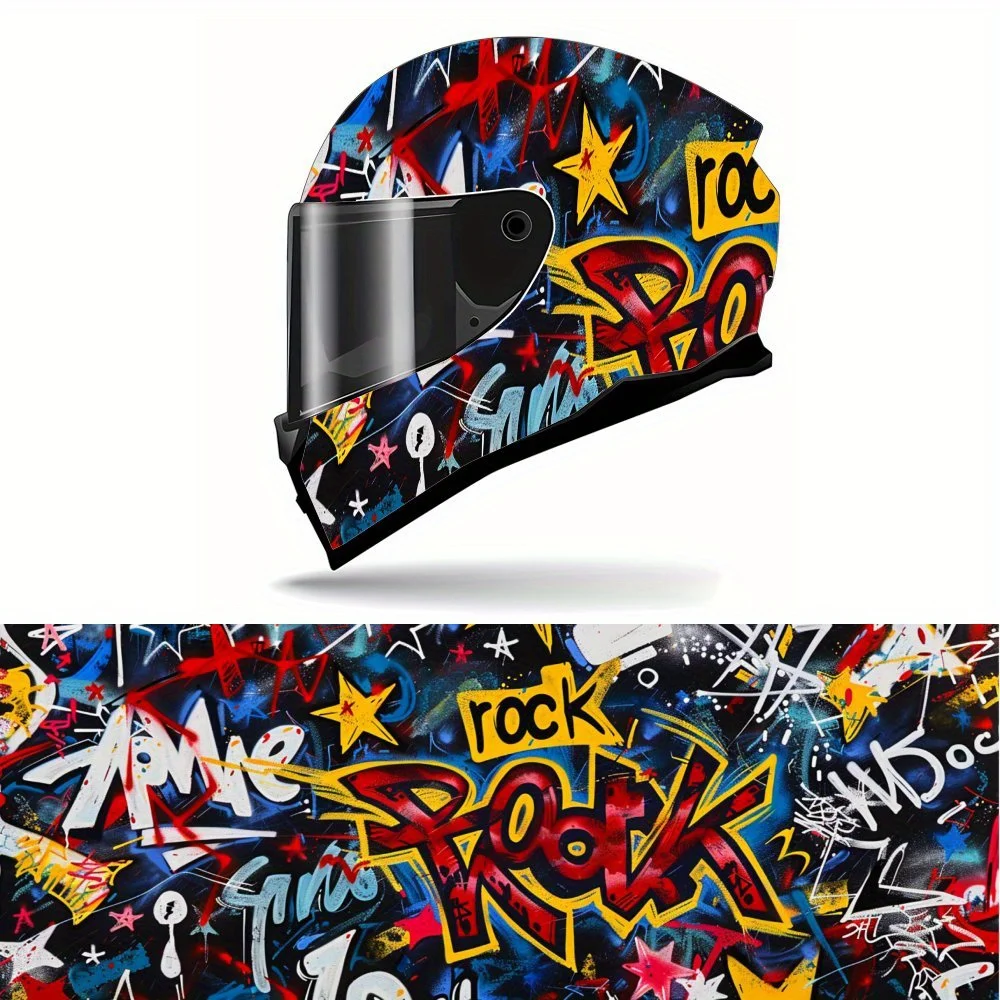 Dynamic Rock Fashion Style Full Face Helmet Vinyl Wrap Sticker, Waterproof Scratch-Resistant Self-Adhesive PVC Decals, Artistic