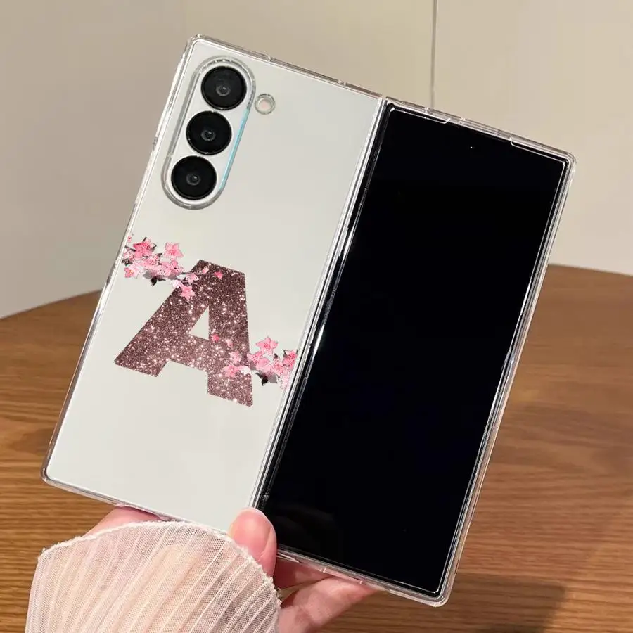 Flower Letter Pink Fashion Initial Back Phone Cover Case for Samsung Galaxy ZFold3 ZFold4 Z Fold 7 6 5 4 3 ZFold6 ZFold5 ZFold7