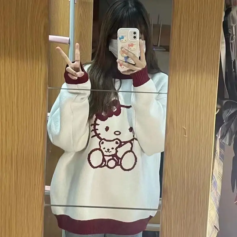 

Sanrio, хит продаж, милый свитер, свитер с котенком, сладкий ветер, корейский стиль, вязаный свитер с длинными рукавами и рисунком, студенческий повседневный стильный свитер