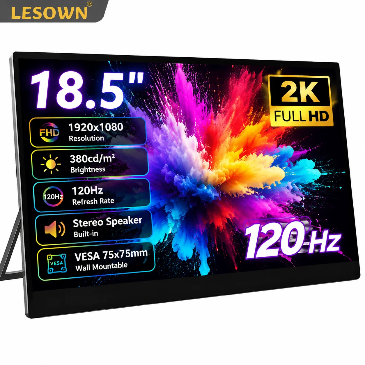 LESOWN FHD 1080P Portable Display 18.5" 120Hz Plug & Play External Monitor with Kickstand for MacBook