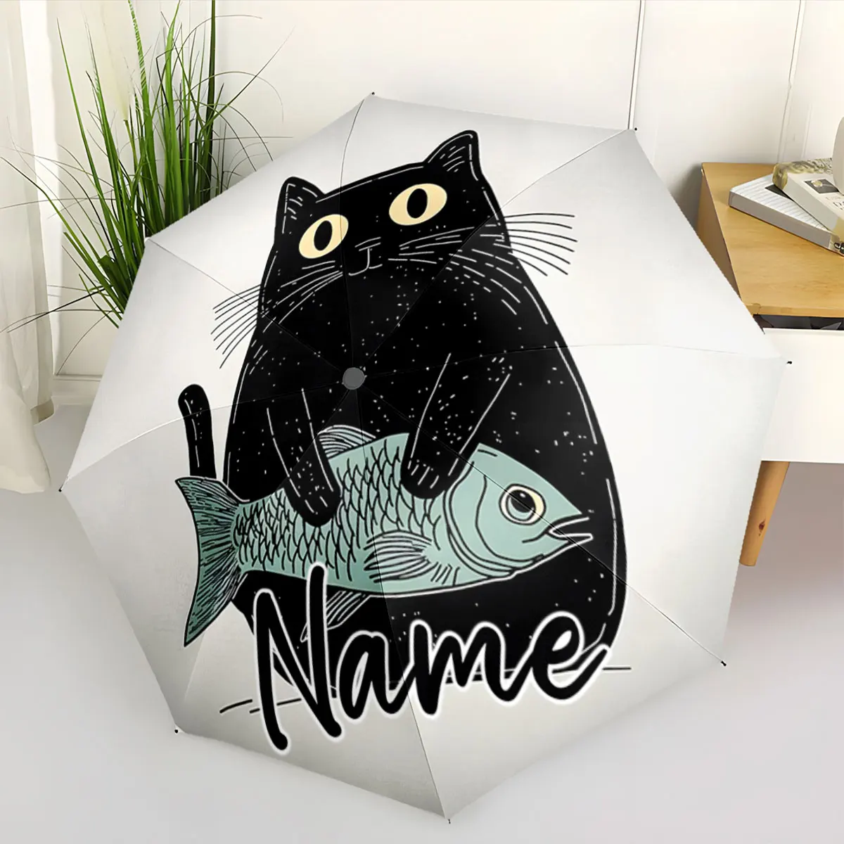 Custom Name Unique Umbrella with Black Cat and Fish Design Print 8 Iron Ribs Folding Umbrella Auto-Open Fashion Sunshade