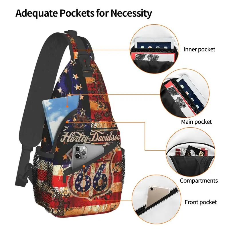 Bolsa de peito de ombro vintage personalizada para homens, mochila crossbody sling, bandeira americana Route 66, ciclismo, mochila camping