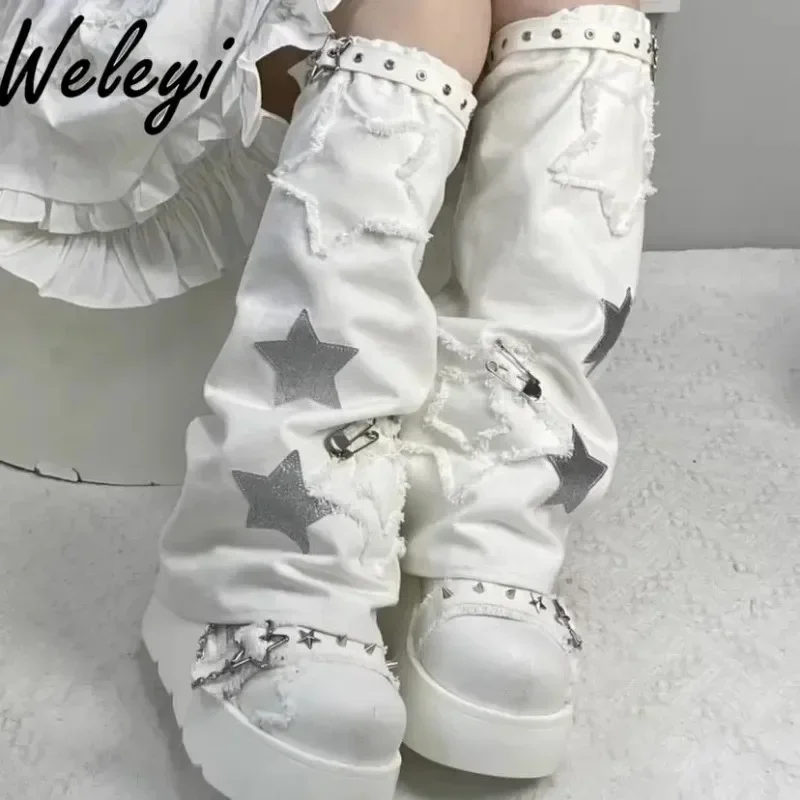 Y2k Japanese Style Girl Black Denim Leg Cover 2024 Spring New Harajuku Woman Gtring Cross Feel Boot Cover Horn Sock Cover Trendy
