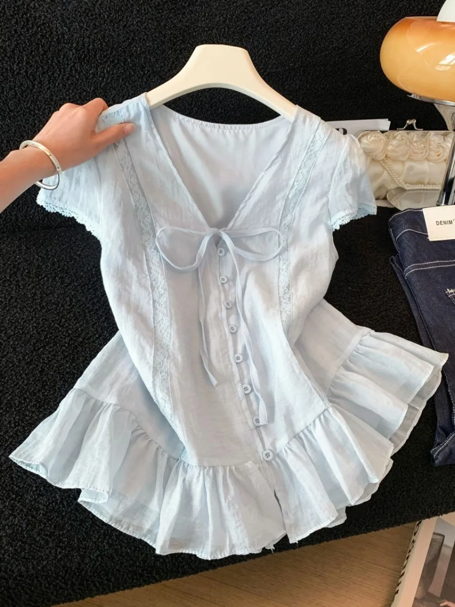 

Ruffle Hem V-Neck Short Sleeve Lace Patchwork Doll Shirt Women's Summer Fashionable Anti-Aging Polyester Fiber Bubble Sleeve