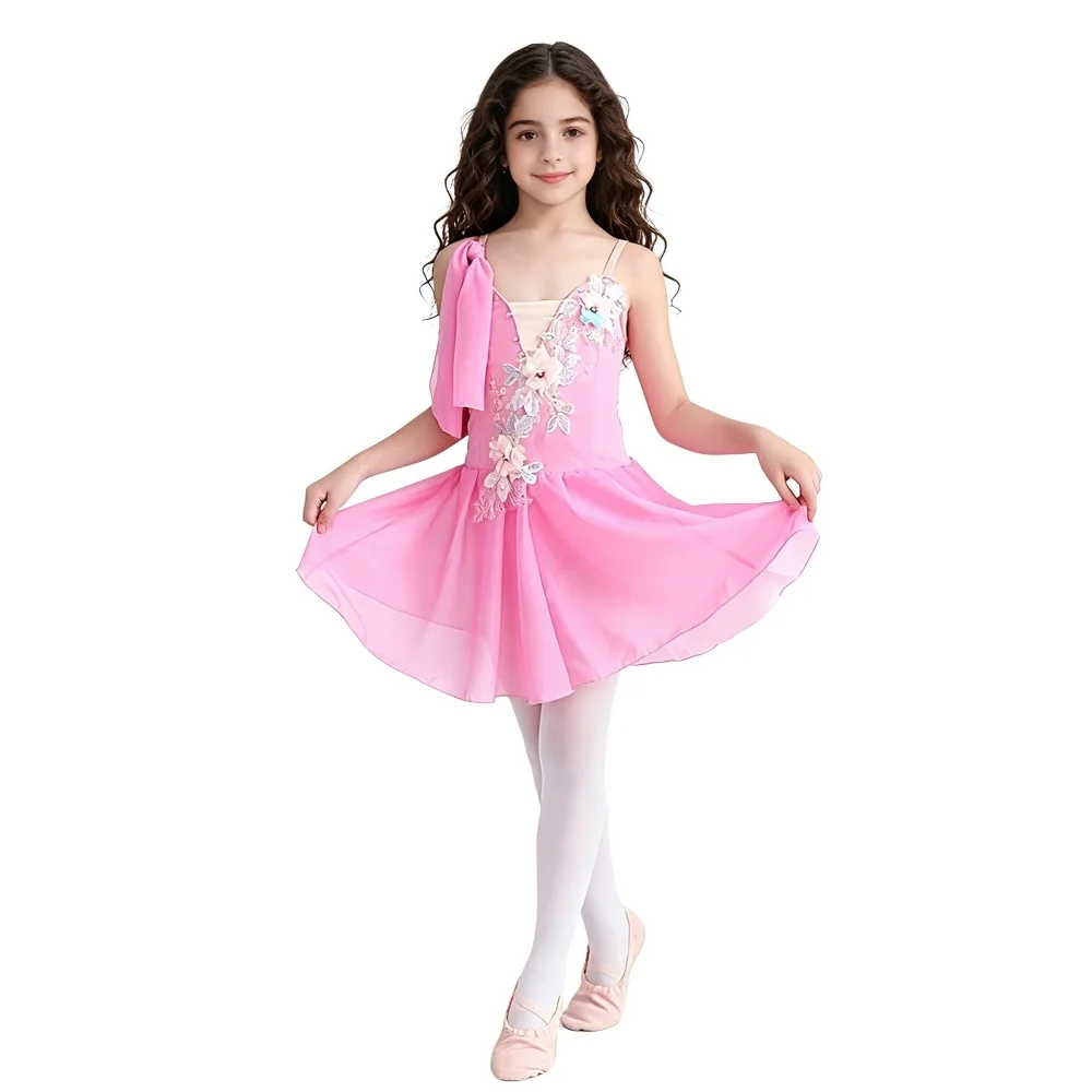 Kids Ballet Dress Sleeveless Strap Floral Applique Chiffon Skirt Girls Gymnastics Leotard Training Performance Dancewear