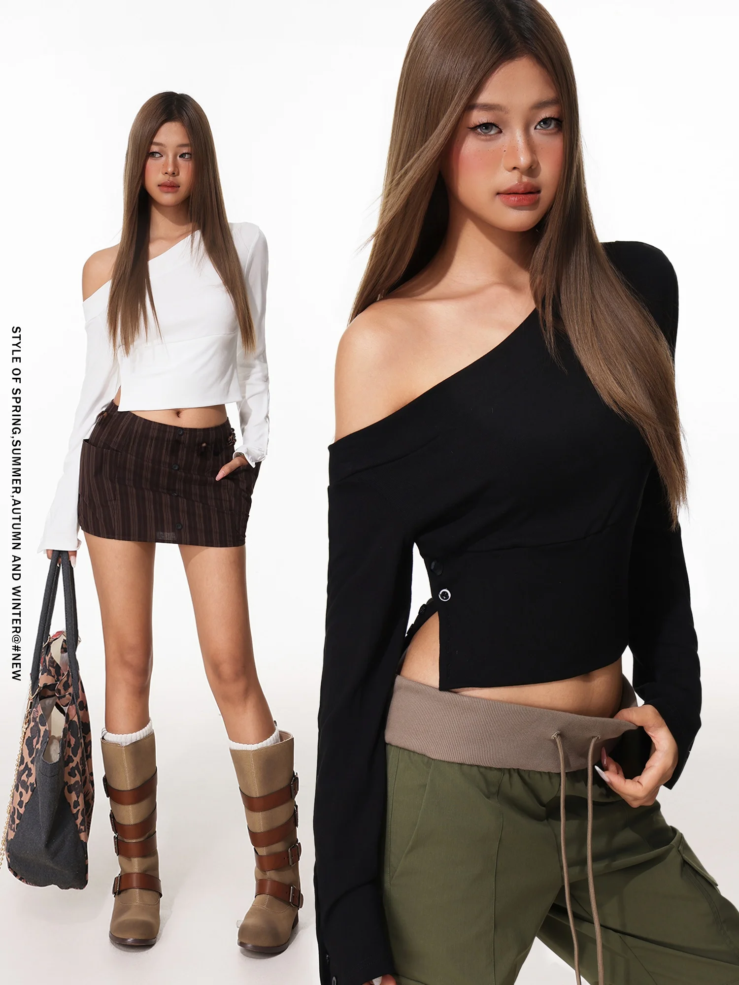 Sexy Long Sve T-irt Women's Slim Fit Button Design Waist Cinch Asymmetrical oulder Casual Sle for Autumn Season