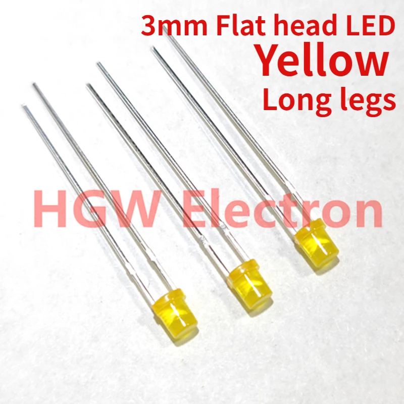 100pcs 3mm Flat head Yellow LED light-emitting diodes F3 cylindrical Flat head colloid Yellow Indicator light LED 2pin Long legs