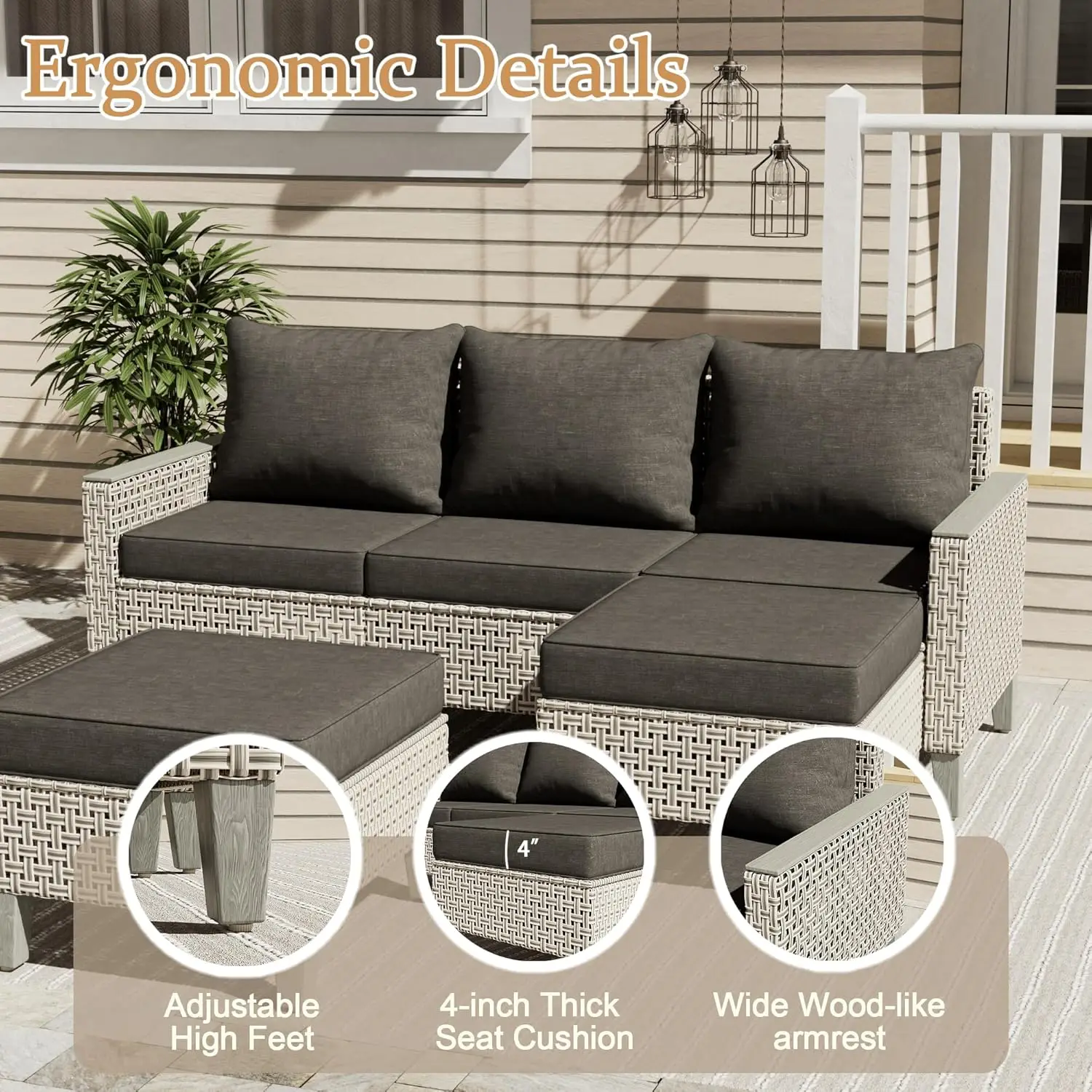 7pc Patio Set Ottoman Outdoor Sectional Sofa Cushion Modular Wicker Rattan Conversation Garden Poolside Black Customized