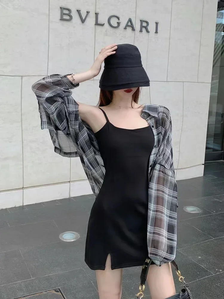 Blouses Women Plaid Chic Daily Outwear Loose Vacation Elegant Simple Long Sleeve Shirts Ladies Korean Summer Sun-proof Shirt