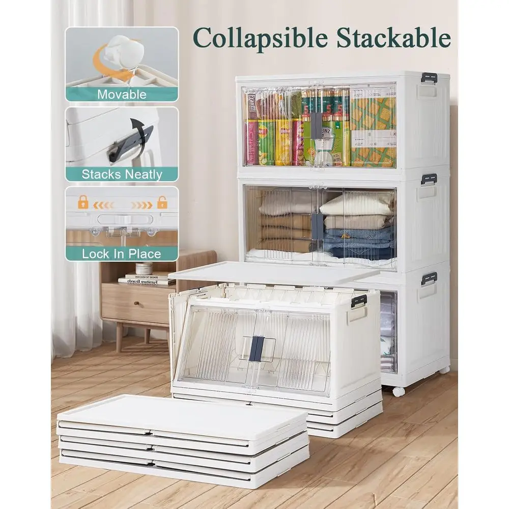 Stackable Storage Bins with Lids and Wheels - Collapsible Plastic Boxes for Home, Garage, and Closet Organization (3 Pack)